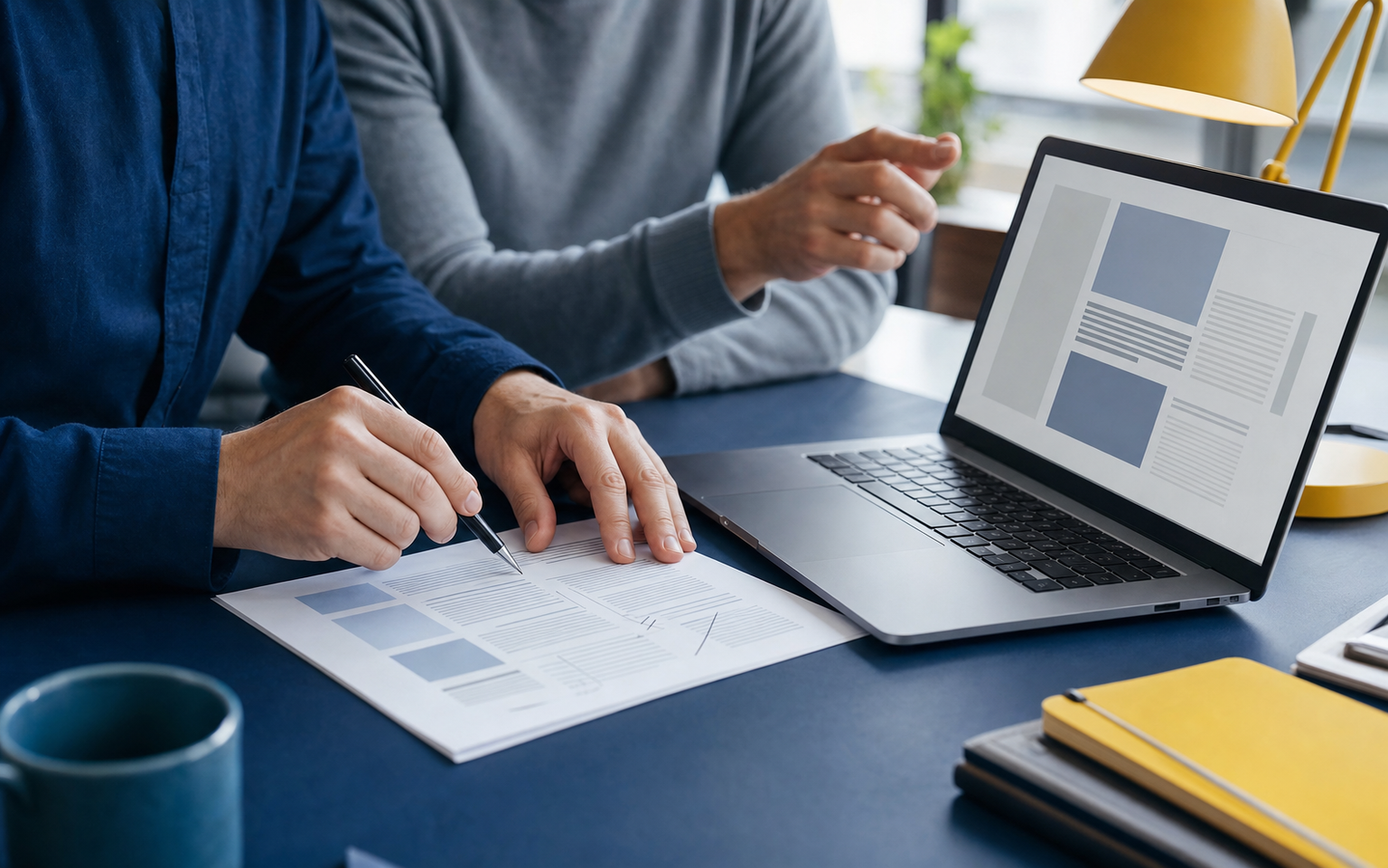 Redactionele werktafel met notities en scherm over de eerste reactie op een klacht: erkenning zonder al een uitkomst te beloven