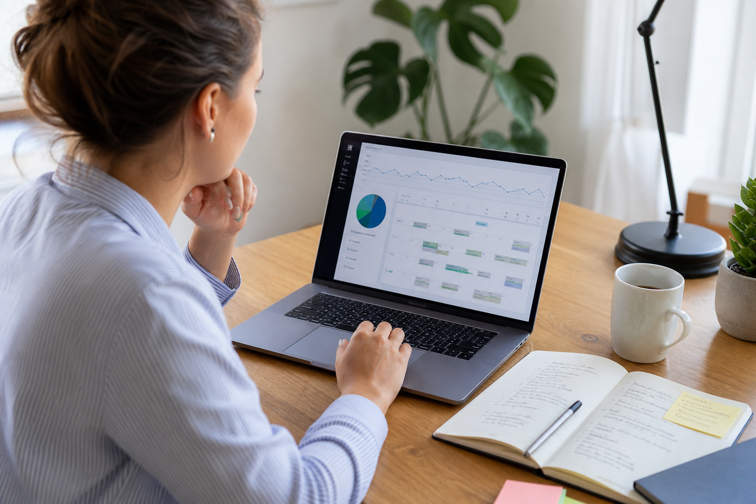 Communicatieprofessional bekijkt contentkalender en websitegrafiek naast notities
